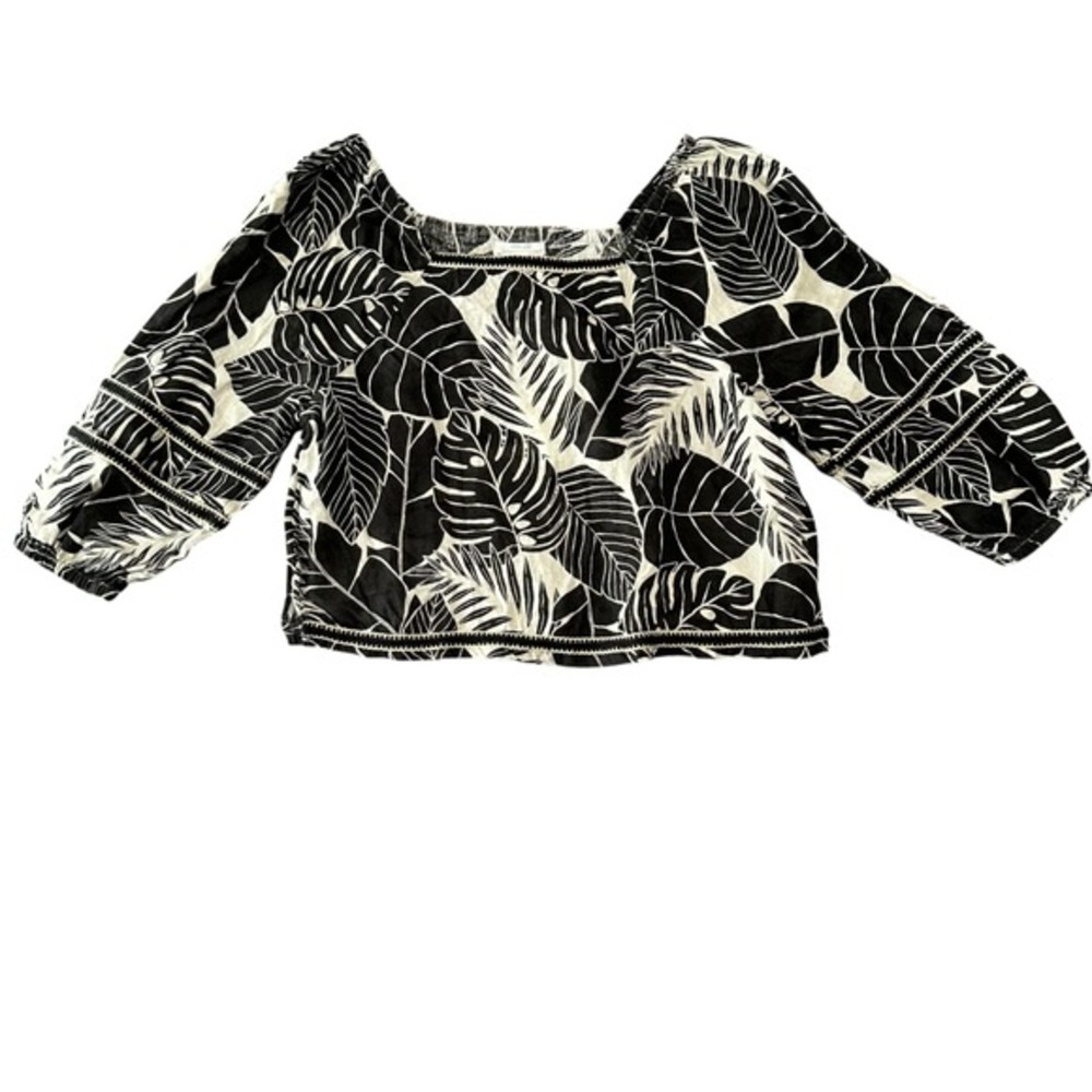 Cynthia Rowley Linen Tropical Leaf Print Square Neck Puff Sleeve Top Black White